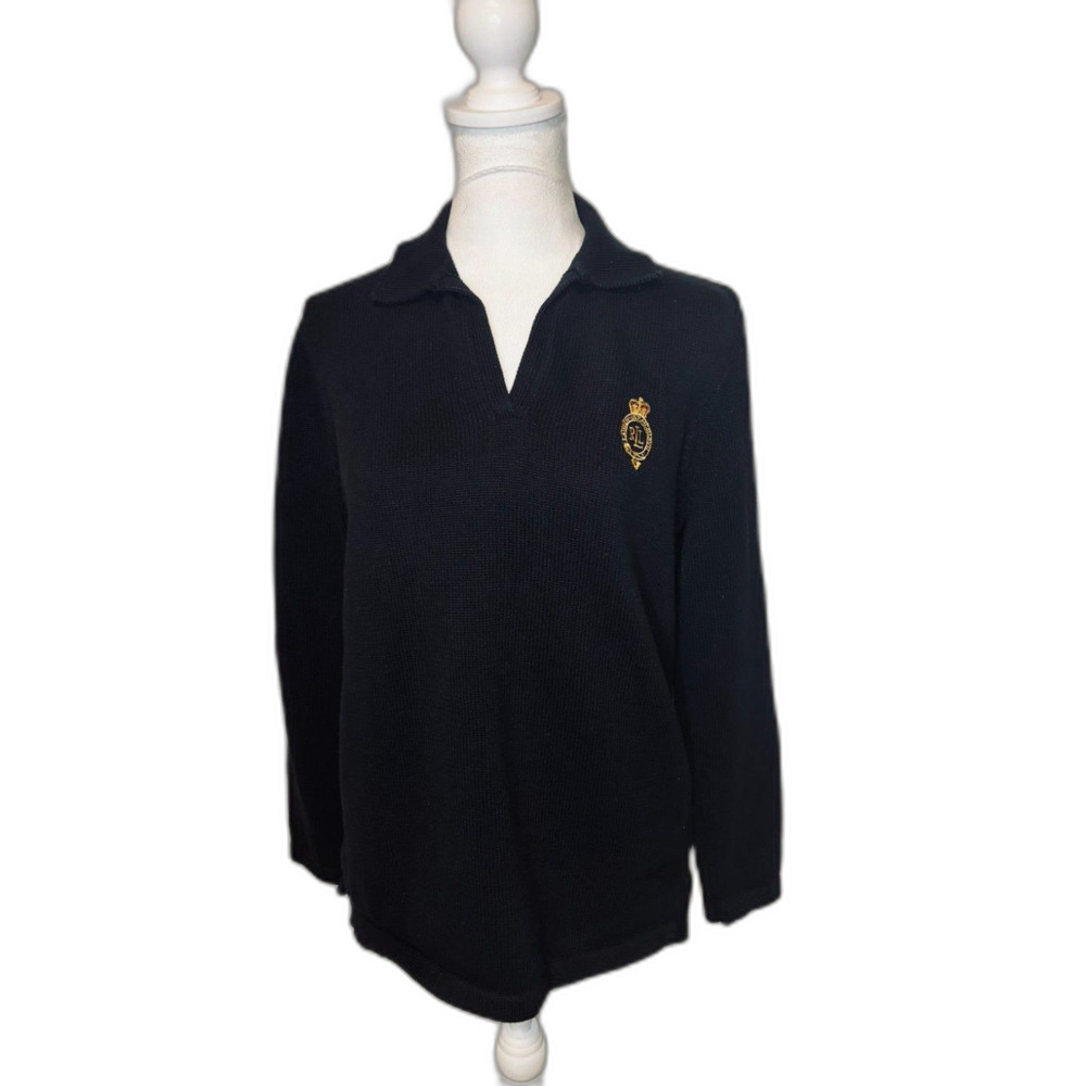 Ralph Lauren Black Knit V-Neck Polo Sweater Gold Crest Long Sleeve